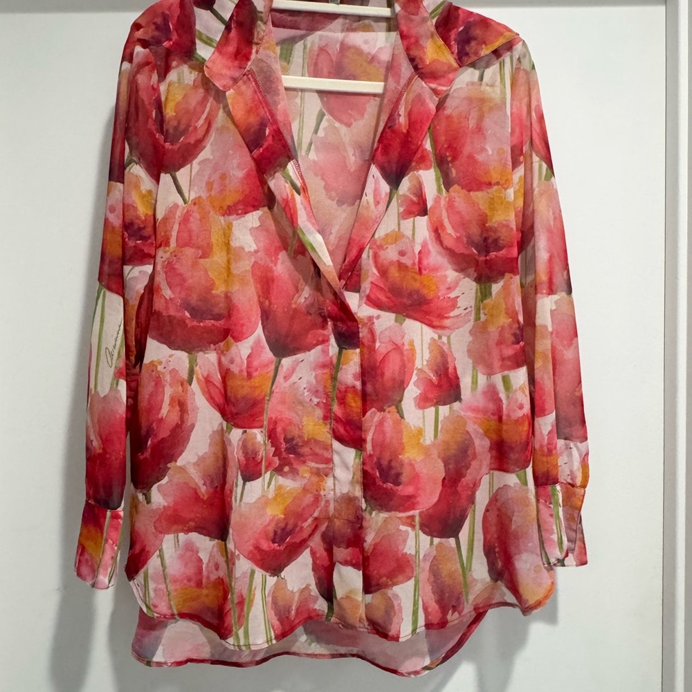 Floral Red Watercolor Blouse - Women's Button Front Top